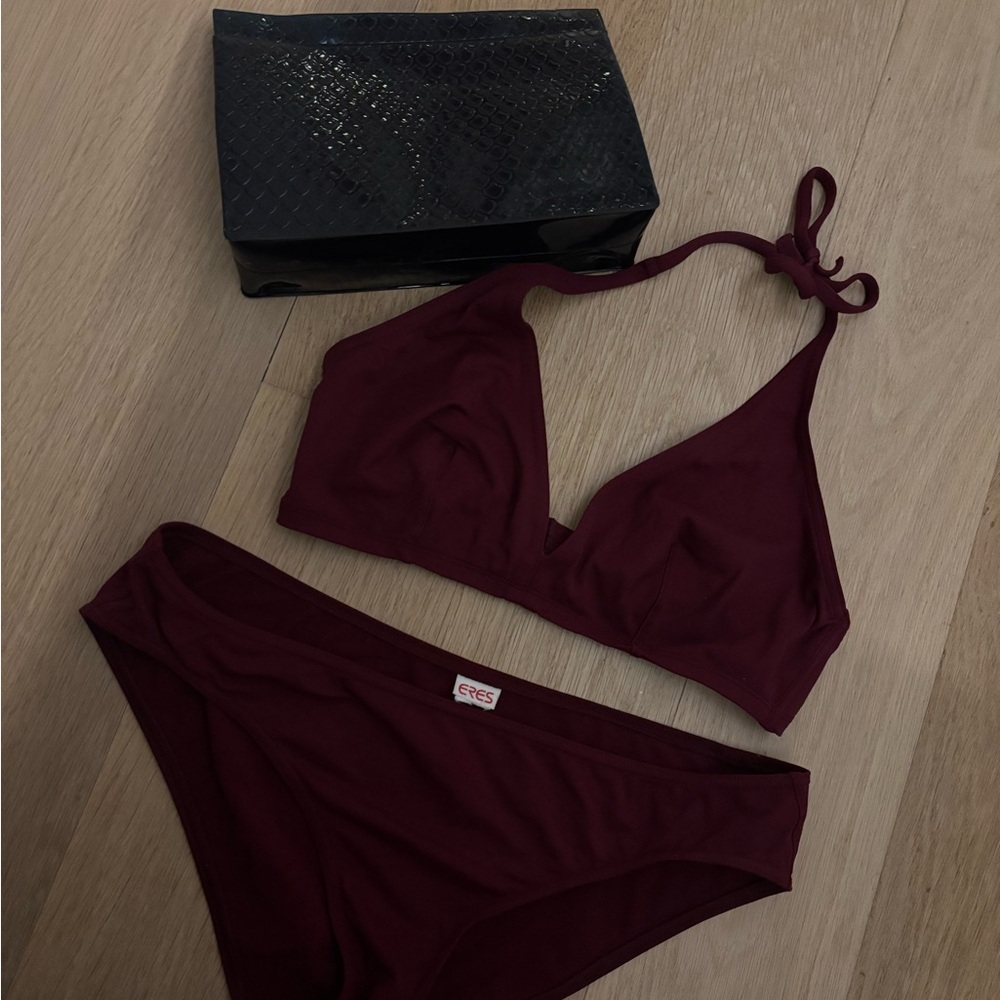 Eres Deep Burgundy Triangle Bikini Top and Low-Rise Bottoms